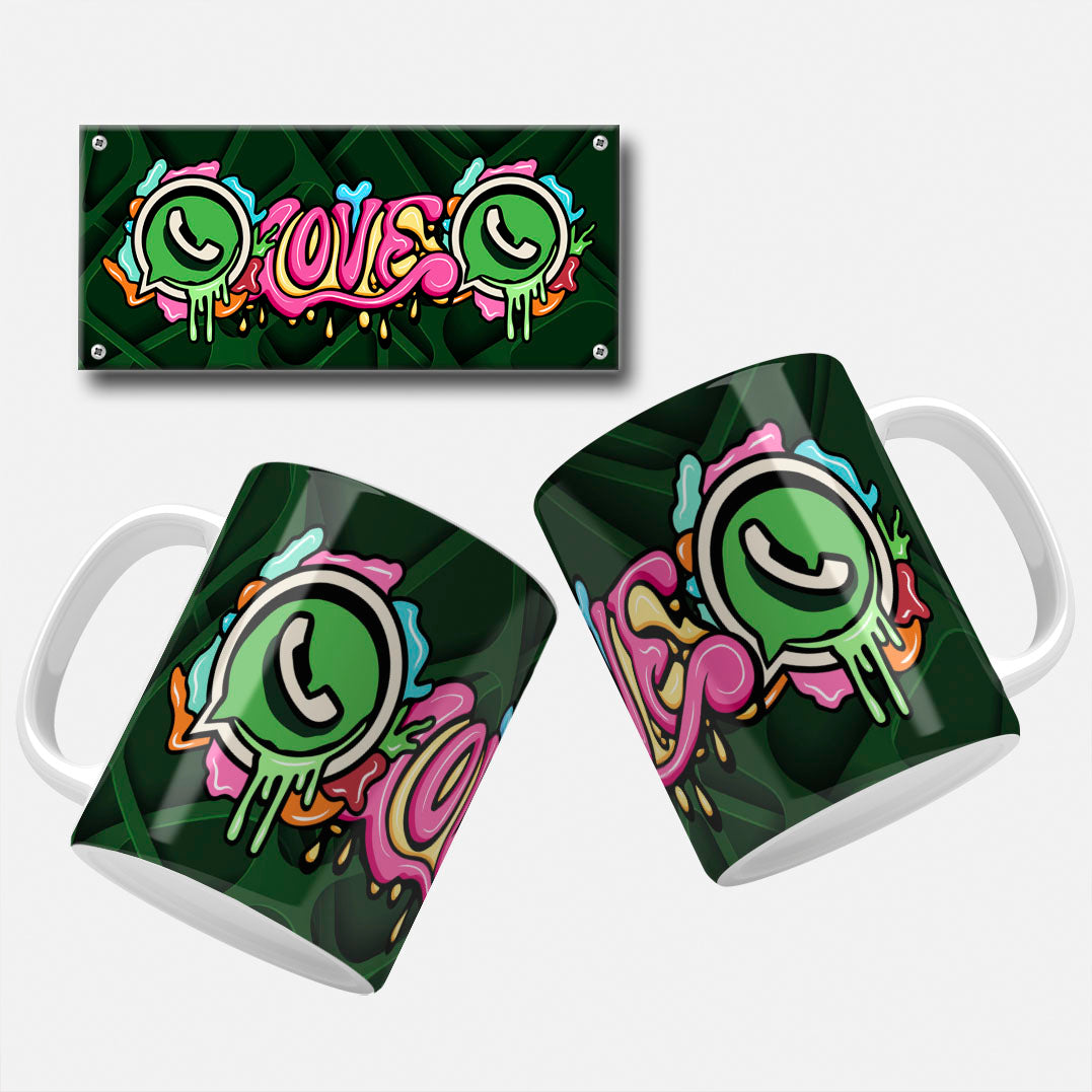 WhatsApp Mug Wrap Design with colorful "Love" text and WhatsApp icons in graffiti style.