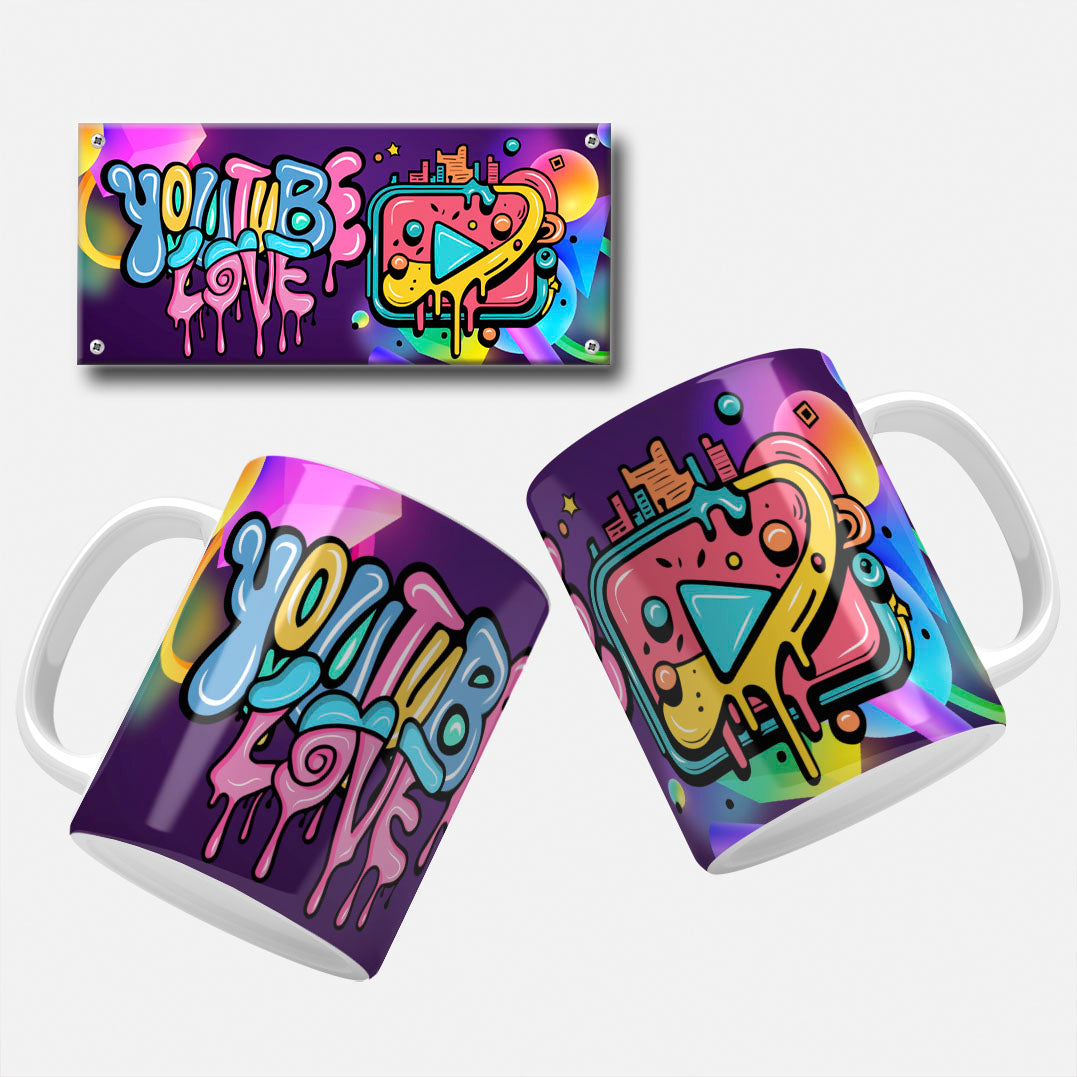 YouTube Mug Wrap Design with vibrant graffiti-style artwork featuring "YouTube Love" text and a YouTube icon.