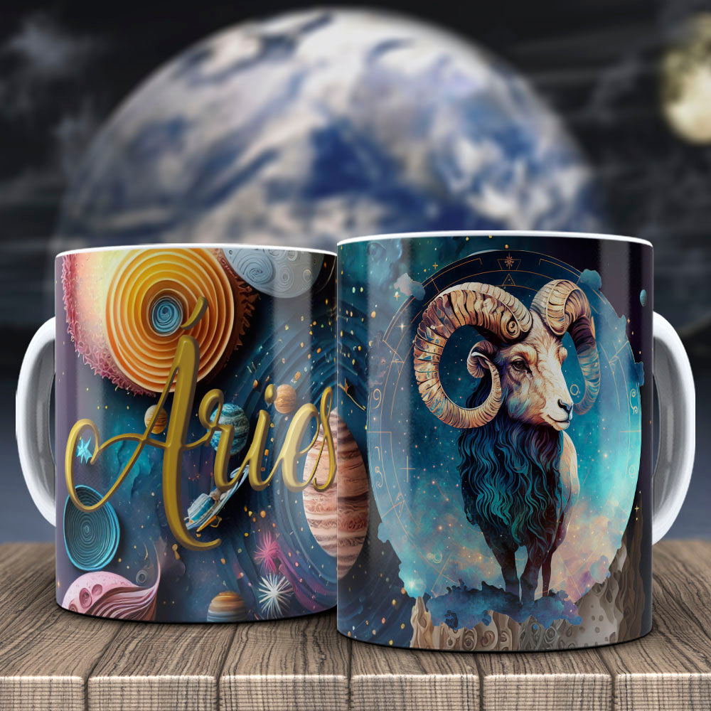 Galactic Zodiac Mug Sublimation PNG Bundle | 3D Cosmic Celestial Planet Coffee Cup Wrap