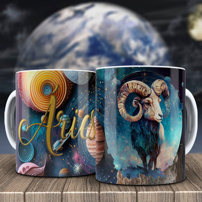 Galactic Zodiac Mug Sublimation PNG Bundle | 3D Cosmic Celestial Planet Coffee Cup Wrap