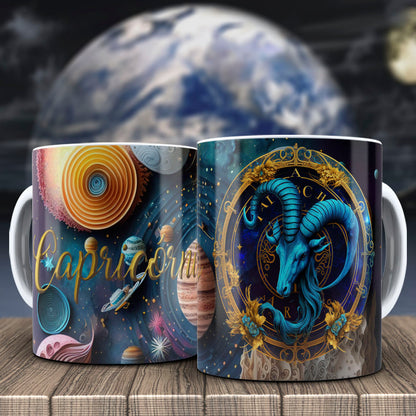 Galactic Zodiac Mug Sublimation PNG Bundle | 3D Cosmic Celestial Planet Coffee Cup Wrap