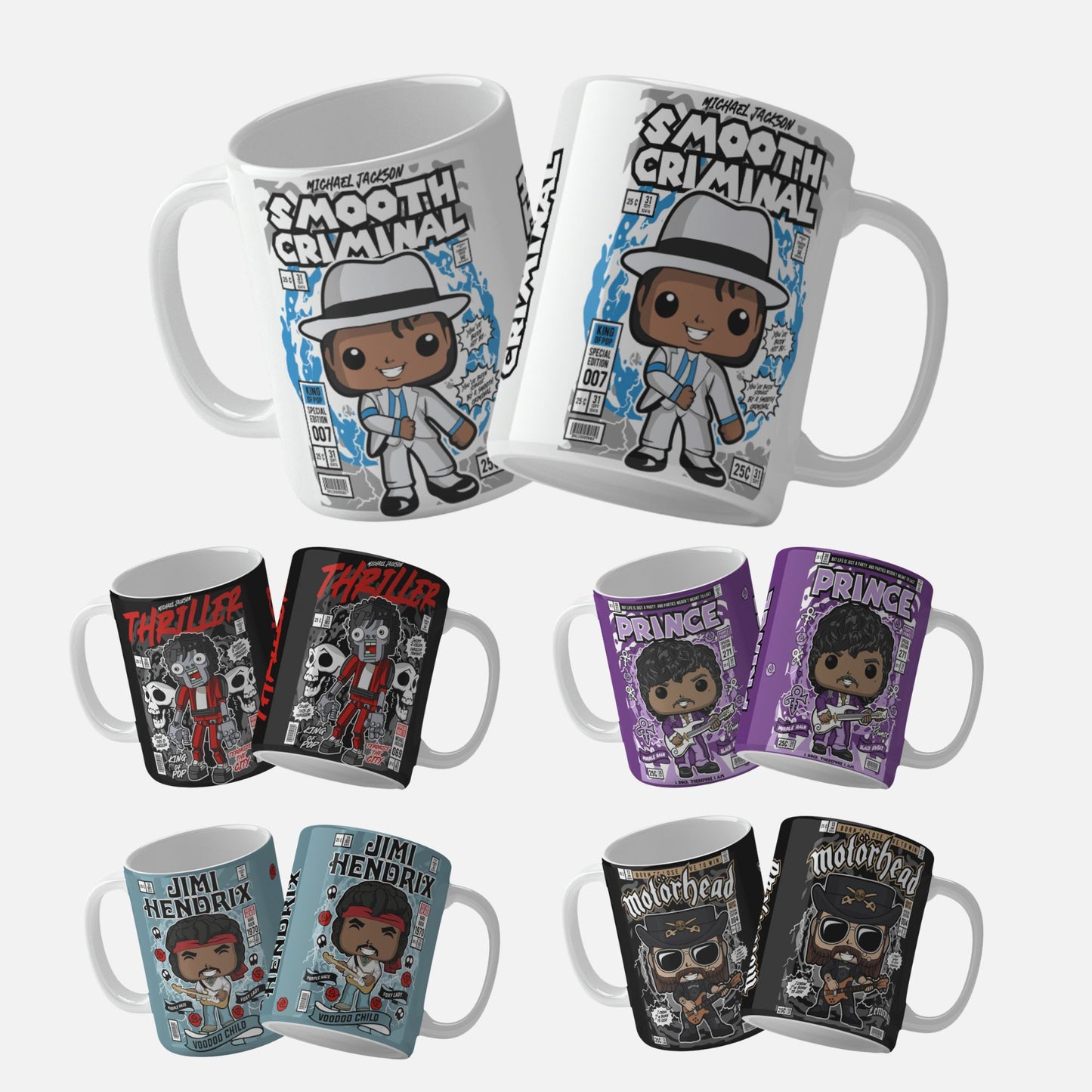 Collection of 10 comic book style mug wrap designs featuring iconic musicians and characters, including Snoop Dogg, Slash from Guns N' Roses, Prince, Kurt Cobain of Nirvana, Michael Jackson (Thriller zombie and human versions, and Smooth Criminal), Lemmy of Motörhead, Paul Stanley of KISS, and Jimi Hendrix, each depicted in vibrant, cartoonish art with distinctive background graphics.