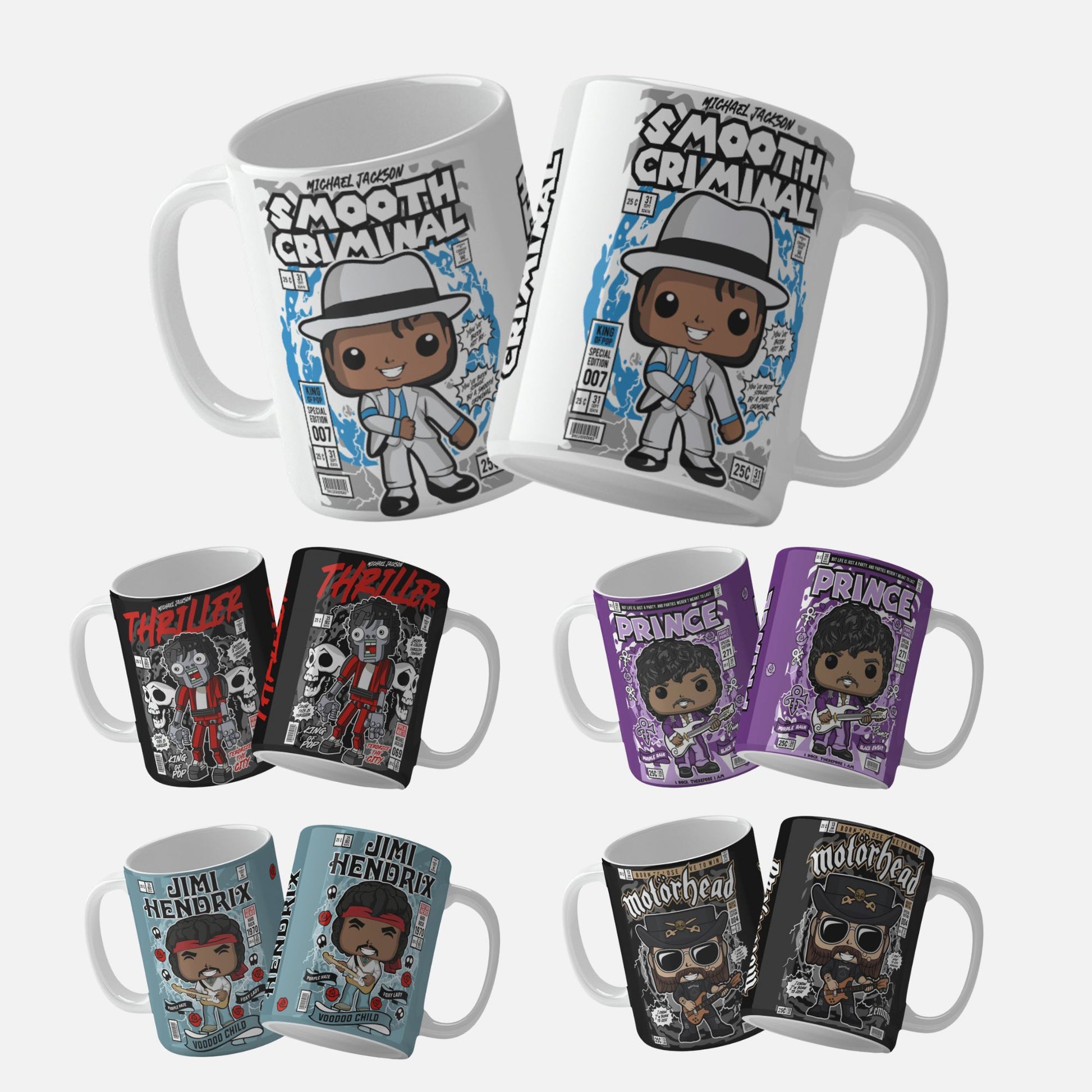 Collection of 10 comic book style mug wrap designs featuring iconic musicians and characters, including Snoop Dogg, Slash from Guns N' Roses, Prince, Kurt Cobain of Nirvana, Michael Jackson (Thriller zombie and human versions, and Smooth Criminal), Lemmy of Motörhead, Paul Stanley of KISS, and Jimi Hendrix, each depicted in vibrant, cartoonish art with distinctive background graphics.