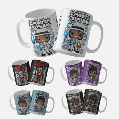Collection of 10 comic book style mug wrap designs featuring iconic musicians and characters, including Snoop Dogg, Slash from Guns N' Roses, Prince, Kurt Cobain of Nirvana, Michael Jackson (Thriller zombie and human versions, and Smooth Criminal), Lemmy of Motörhead, Paul Stanley of KISS, and Jimi Hendrix, each depicted in vibrant, cartoonish art with distinctive background graphics.