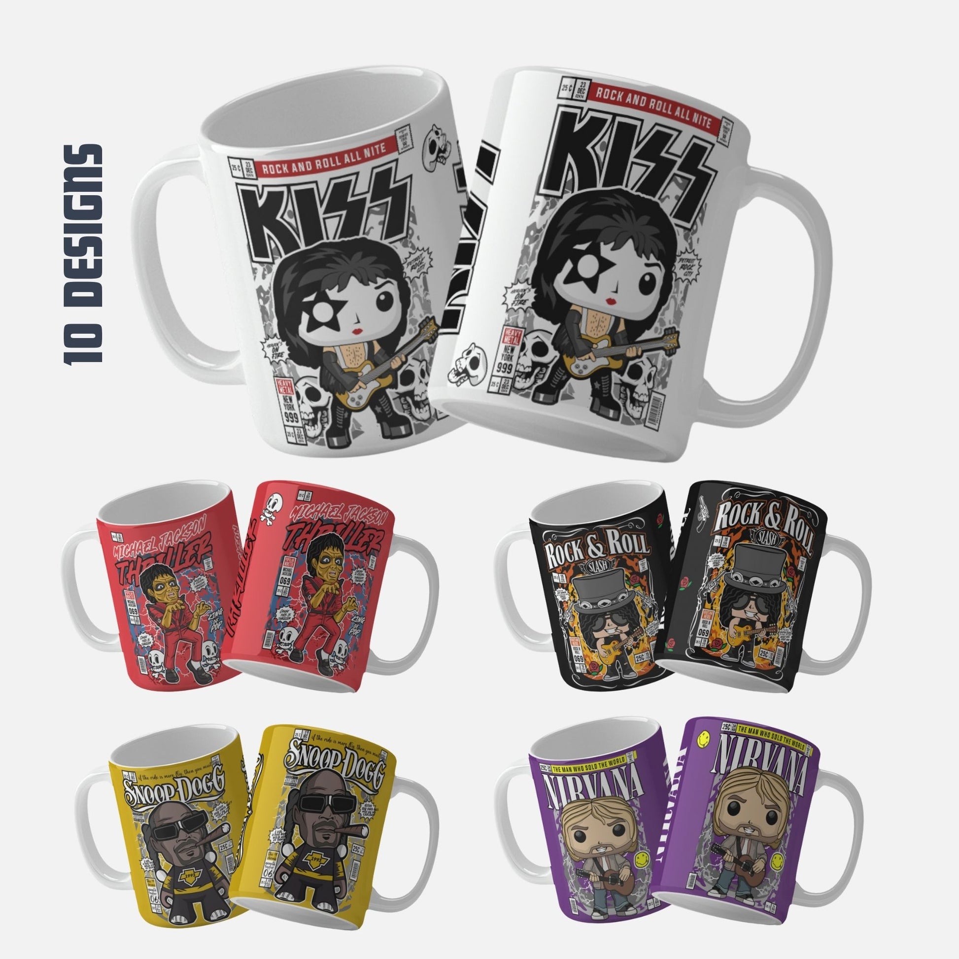 Collection of 10 comic book style mug wrap designs featuring iconic musicians and characters, including Snoop Dogg, Slash from Guns N' Roses, Prince, Kurt Cobain of Nirvana, Michael Jackson (Thriller zombie and human versions, and Smooth Criminal), Lemmy of Motörhead, Paul Stanley of KISS, and Jimi Hendrix, each depicted in vibrant, cartoonish art with distinctive background graphics.