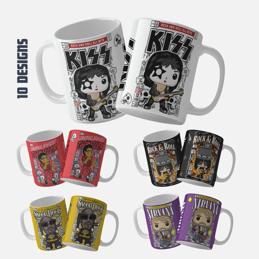 Collection of 10 comic book style mug wrap designs featuring iconic musicians and characters, including Snoop Dogg, Slash from Guns N' Roses, Prince, Kurt Cobain of Nirvana, Michael Jackson (Thriller zombie and human versions, and Smooth Criminal), Lemmy of Motörhead, Paul Stanley of KISS, and Jimi Hendrix, each depicted in vibrant, cartoonish art with distinctive background graphics.