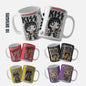 Collection of 10 comic book style mug wrap designs featuring iconic musicians and characters, including Snoop Dogg, Slash from Guns N' Roses, Prince, Kurt Cobain of Nirvana, Michael Jackson (Thriller zombie and human versions, and Smooth Criminal), Lemmy of Motörhead, Paul Stanley of KISS, and Jimi Hendrix, each depicted in vibrant, cartoonish art with distinctive background graphics.