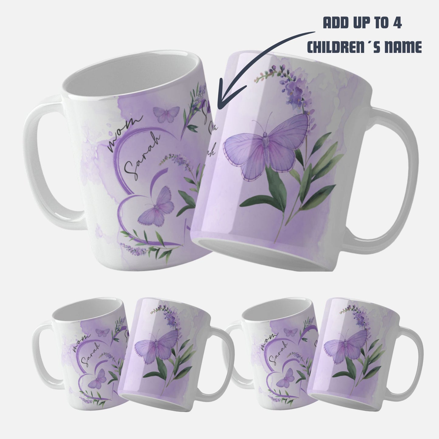 Elegant butterfly-themed mug wrap design for Mother's Day with custom mom and children names in lavender tones. Add up to 4 childrens names mug wrap template, Sublimation files png