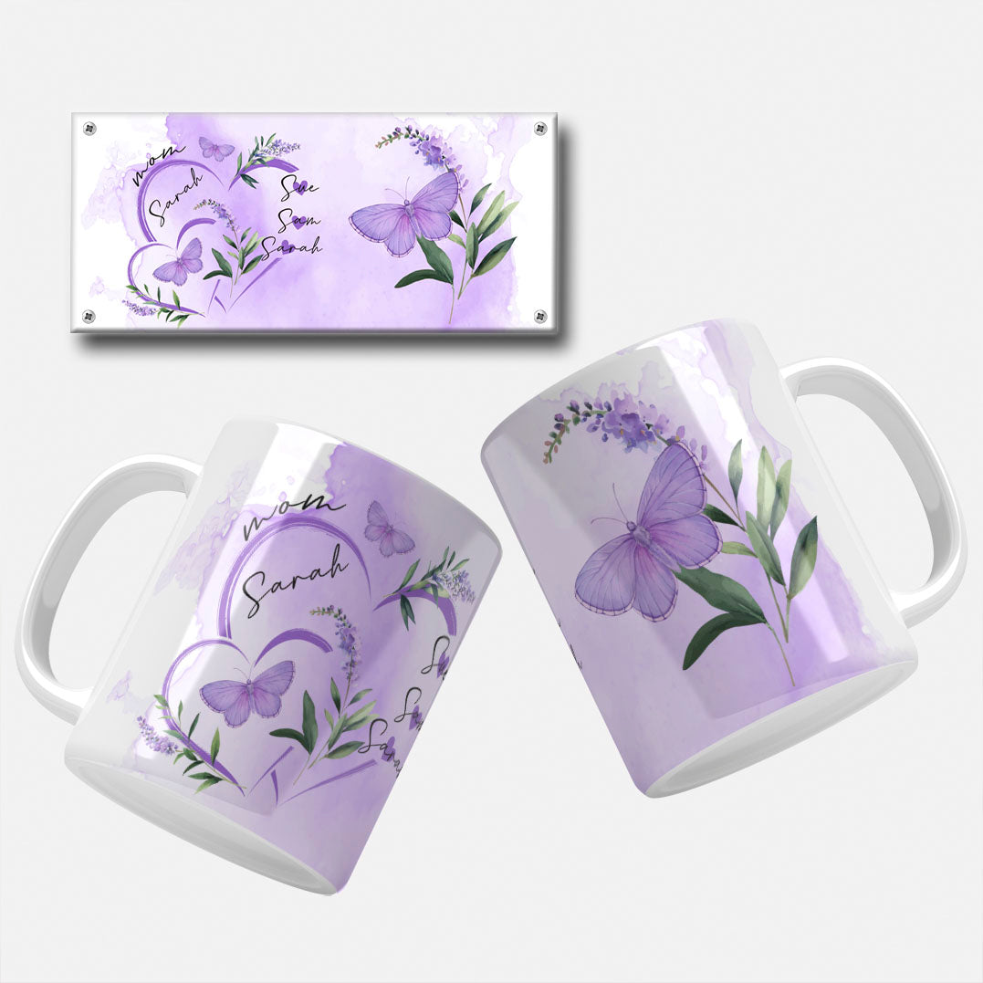 Elegant butterfly-themed mug wrap design for Mother's Day with custom mom and children names in lavender tones