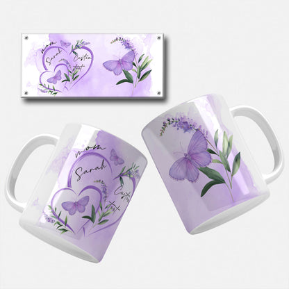 Elegant butterfly-themed mug wrap design for Mother's Day with custom mom and children names in lavender tones