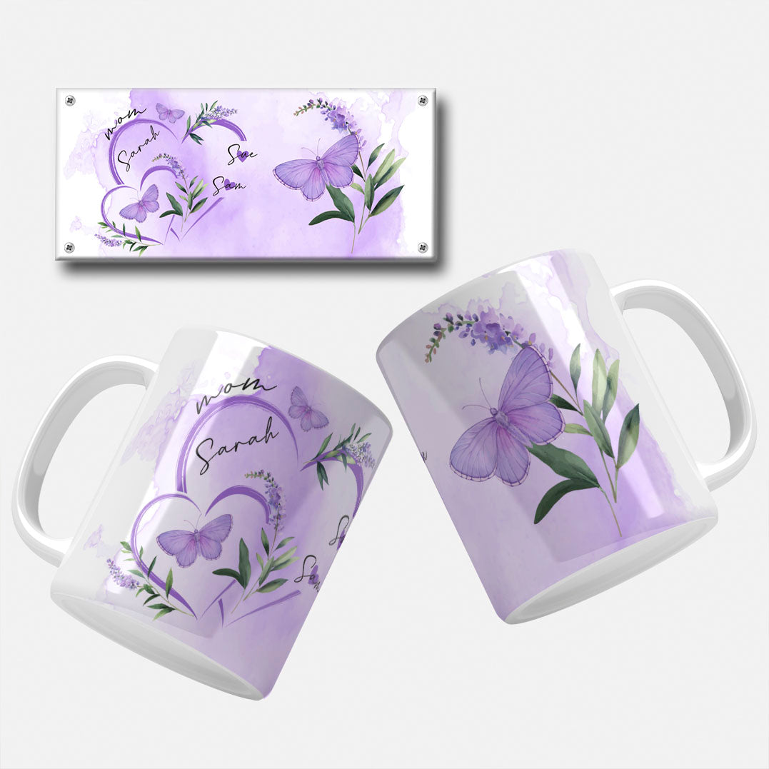 Elegant butterfly-themed mug wrap design for Mother's Day with custom mom and children names in lavender tones