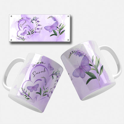 Elegant butterfly-themed mug wrap design for Mother's Day with custom mom and children names in lavender tones