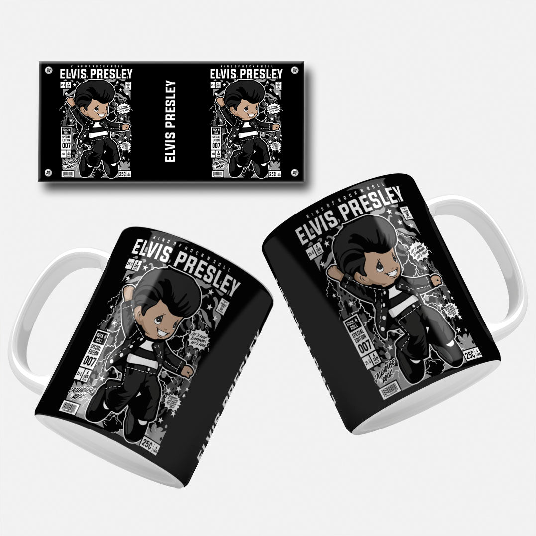Elvis Presley mug wrap design featuring the King of Rock and Roll in his iconic black leather outfit.