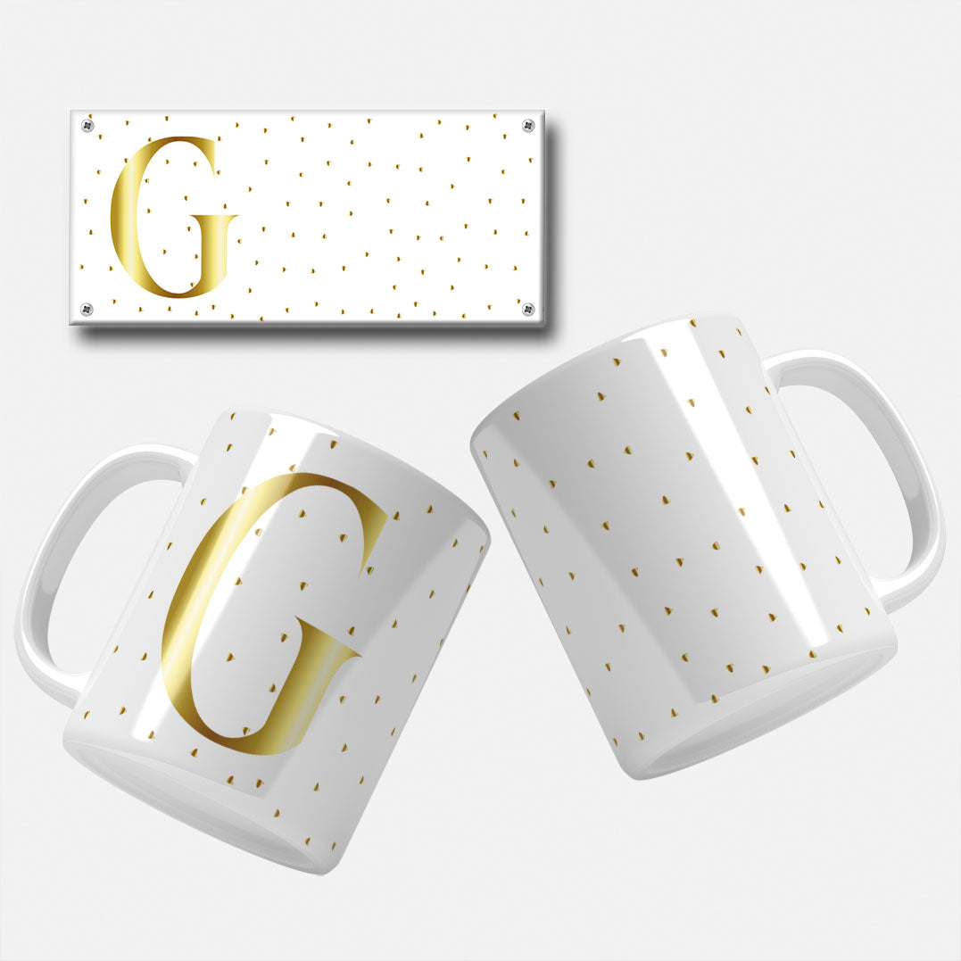 Golden Minimalist Monogram Mug Wrap Initial G - Gold initial with black background for personalized mugs.