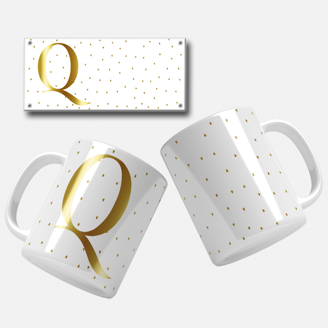 Golden Minimalist Monogram Mug Wrap Initial Q - Sophisticated gold initial on black background for mugs.