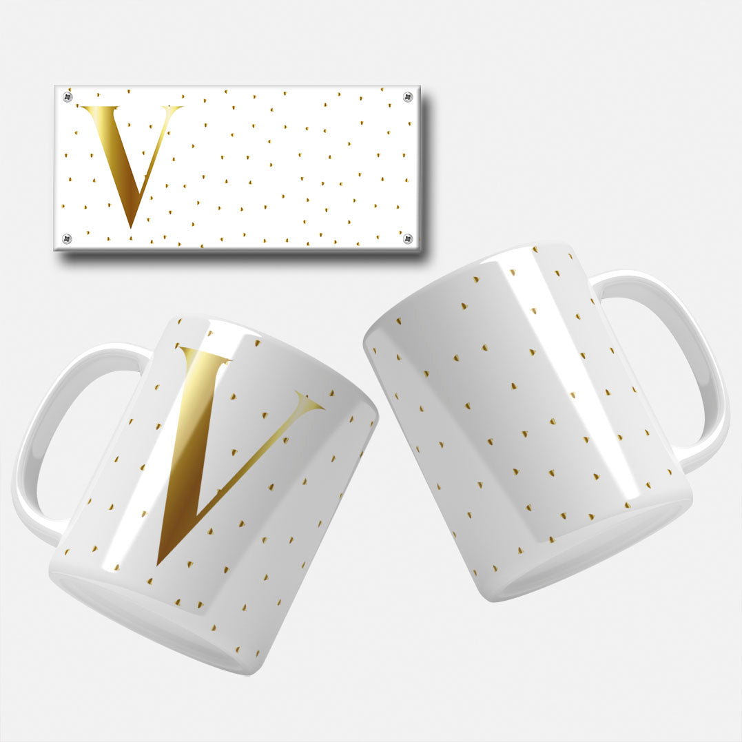 Golden Minimalist Monogram Mug Wrap Initial V - Sophisticated gold initial design for custom mugs