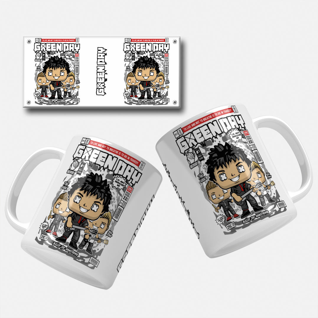 Green Day mug wrap design featuring Billie Joe Armstrong, Mike Dirnt, and Tre Cool from the punk rock band