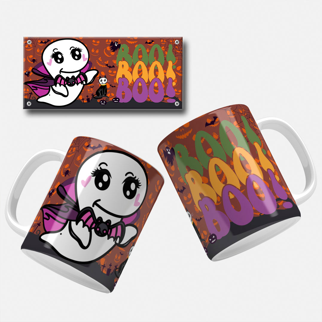Halloween mug wrap. A cute ghost dressed as a vampire holding a bat, accompanied by playful Halloween elements like pumpkins, spiders, and the text "Boo! Boo! Boo!" in vibrant colors