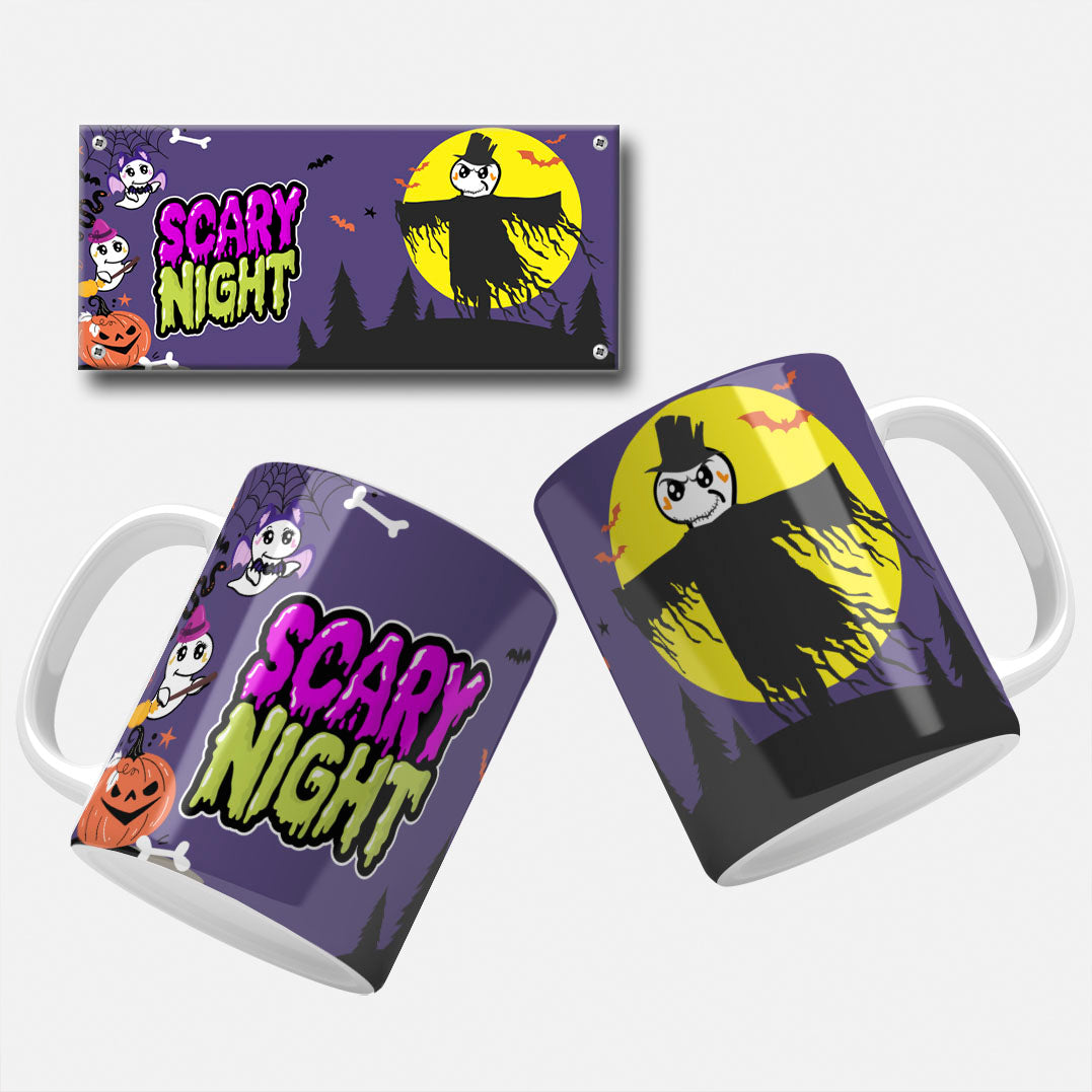 Halloween mug wrap. A spooky scene featuring a scarecrow under a full moon, with adorable ghost characters flying around, and the phrase "Scary Night" in colorful, dripping letters