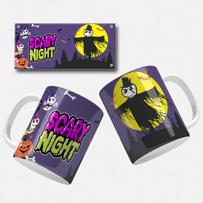 Halloween mug wrap. A spooky scene featuring a scarecrow under a full moon, with adorable ghost characters flying around, and the phrase "Scary Night" in colorful, dripping letters