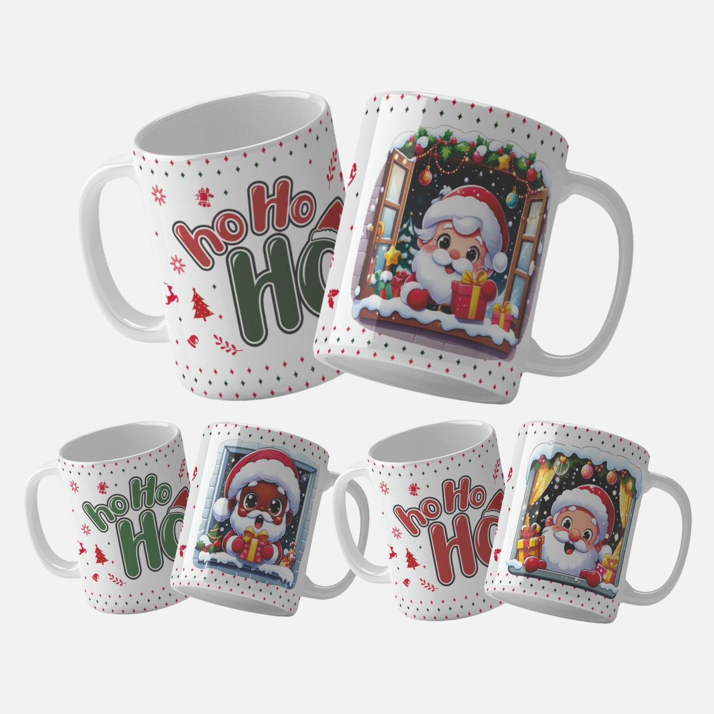 Collection of festive 'Ho Ho Ho' Christmas mug wrap designs featuring adorable Santa Claus characters and holiday elements. Cheerful Santa Claus looking through a frosty window, with festive Christmas decorations in a mug wrap design