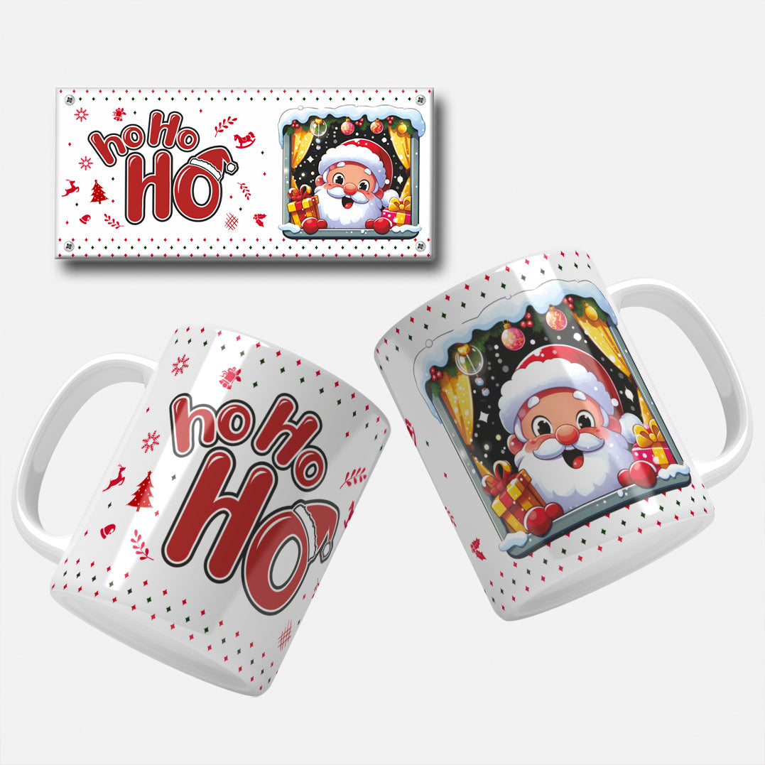 Festive Christmas mug wrap design featuring Santa Claus peeking out of a snowy window holding a gift