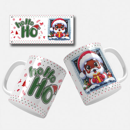 Christmas mug wrap with Santa Claus smiling through a decorated window, surrounded by holiday ornaments