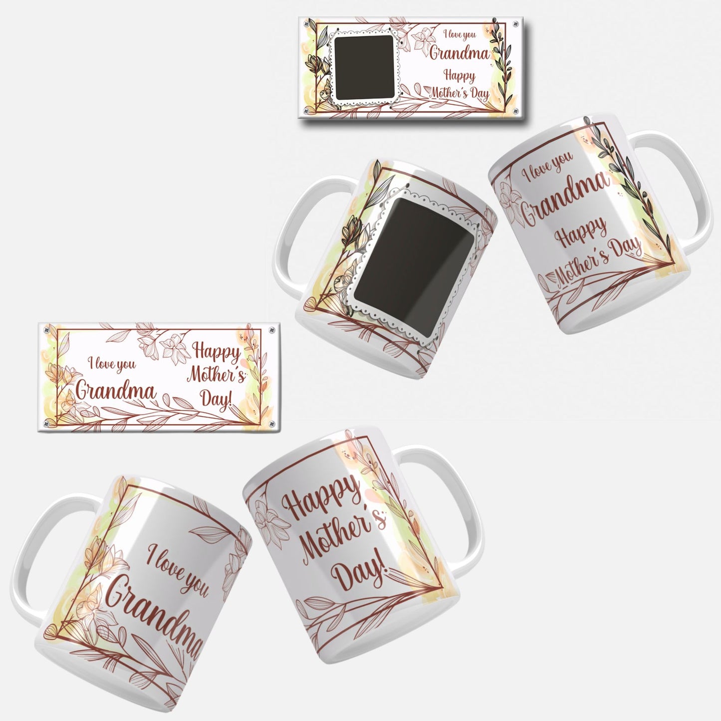 Floral mug wrap designs with "I Love You Grandma" and "Happy Mother's Day" messages, featuring various color palettes and styles, perfect for creating personalized and heartfelt gifts for grandmothers.