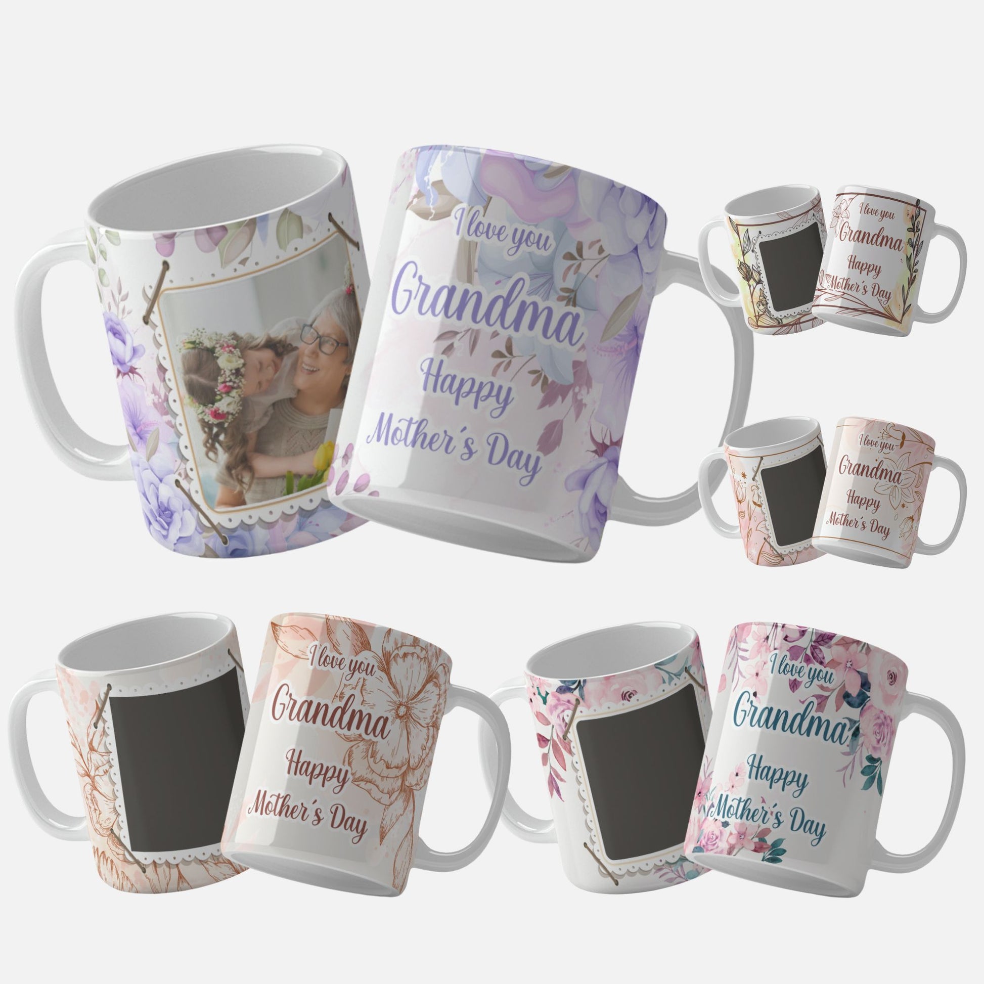 Floral mug wrap designs with "I Love You Grandma" and "Happy Mother's Day" messages, featuring various color palettes and styles, perfect for creating personalized and heartfelt gifts for grandmothers.