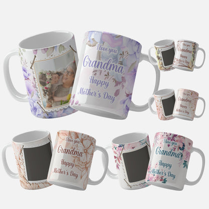 Floral mug wrap designs with "I Love You Grandma" and "Happy Mother's Day" messages, featuring various color palettes and styles, perfect for creating personalized and heartfelt gifts for grandmothers.