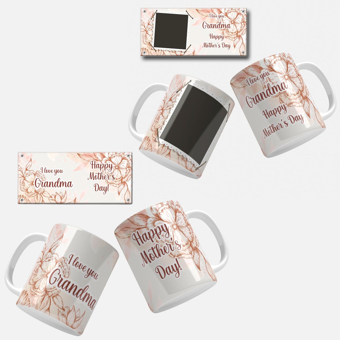 Floral mug wrap designs with "I Love You Grandma" and "Happy Mother's Day" messages, featuring various color palettes and styles, perfect for creating personalized and heartfelt gifts for grandmothers.