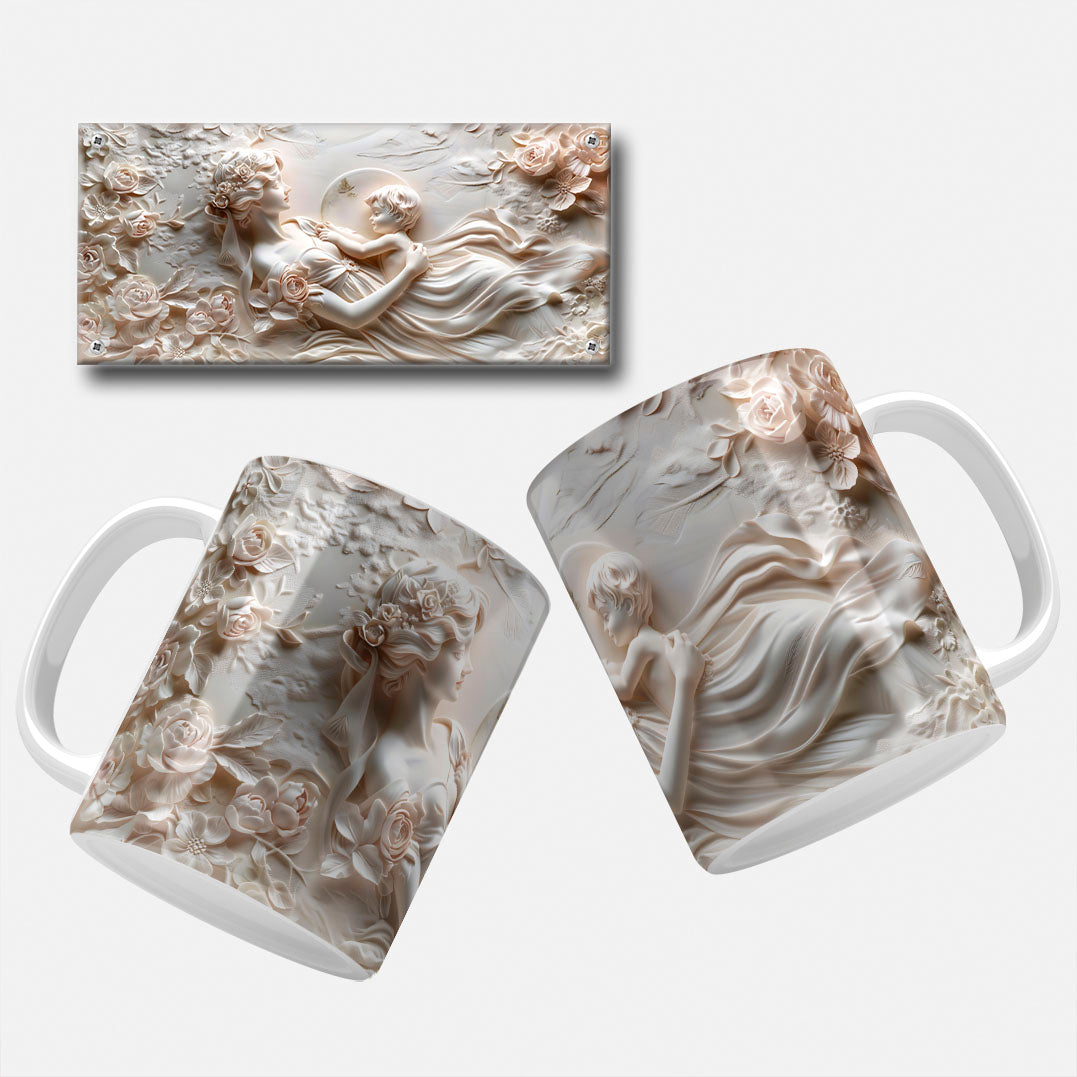 A collection of elegant floral and marble-themed Mother's Day mug wrap designs featuring intricate floral patterns, soft pastel hues, and classic marble carvings, perfect for personalizing mugs for mom or grandma.