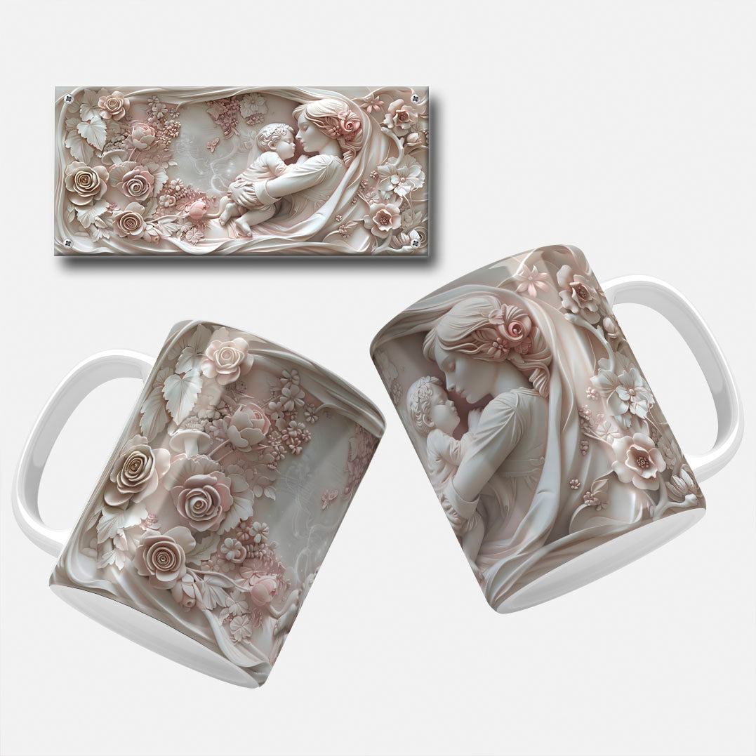 A collection of elegant floral and marble-themed Mother's Day mug wrap designs featuring intricate floral patterns, soft pastel hues, and classic marble carvings, perfect for personalizing mugs for mom or grandma.