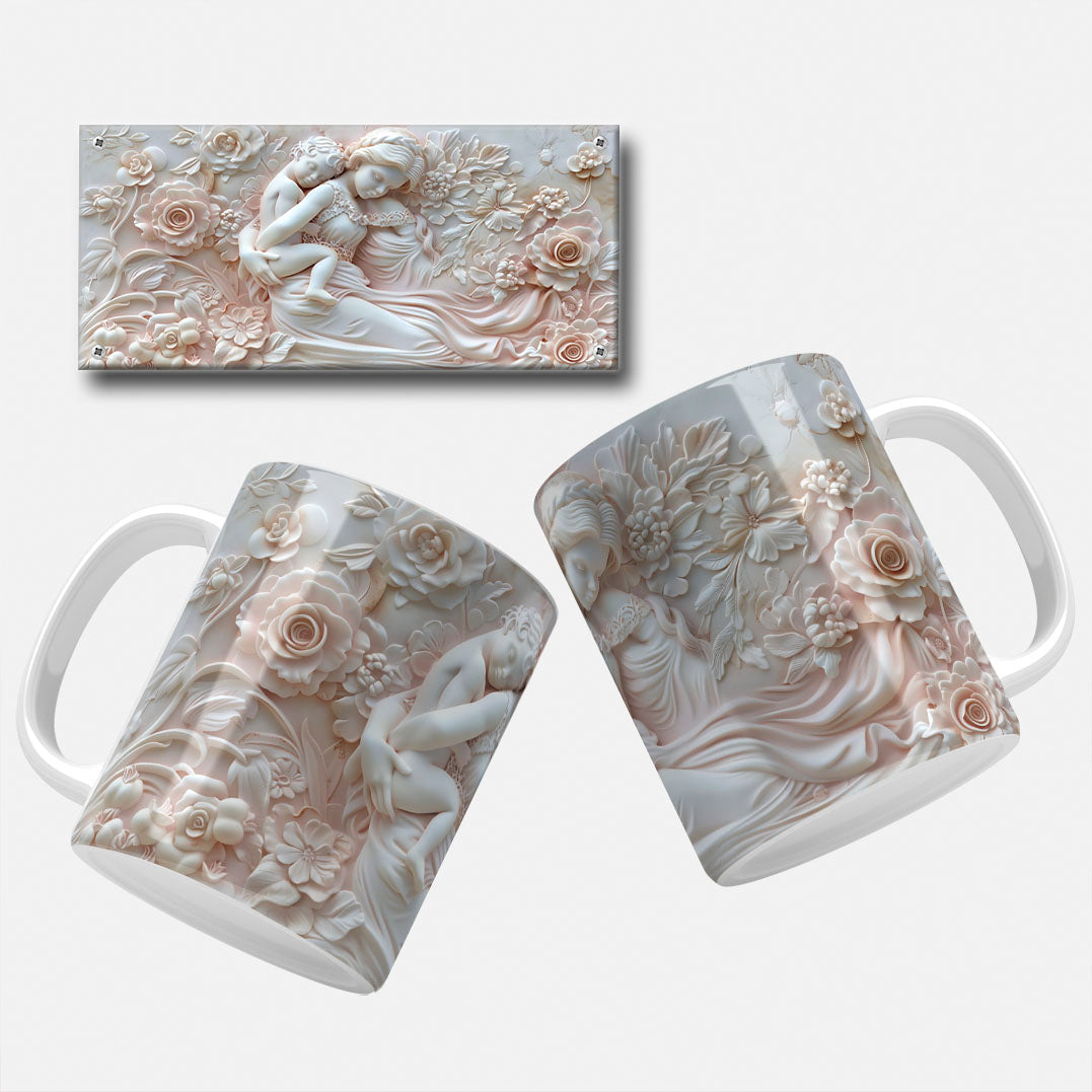 A collection of elegant floral and marble-themed Mother's Day mug wrap designs featuring intricate floral patterns, soft pastel hues, and classic marble carvings, perfect for personalizing mugs for mom or grandma.