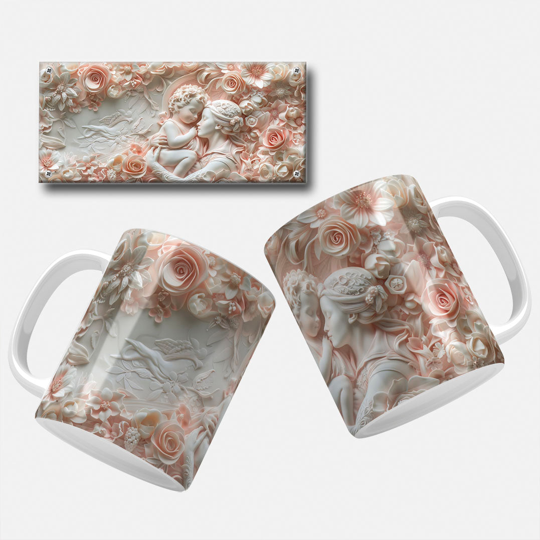 A collection of elegant floral and marble-themed Mother's Day mug wrap designs featuring intricate floral patterns, soft pastel hues, and classic marble carvings, perfect for personalizing mugs for mom or grandma.