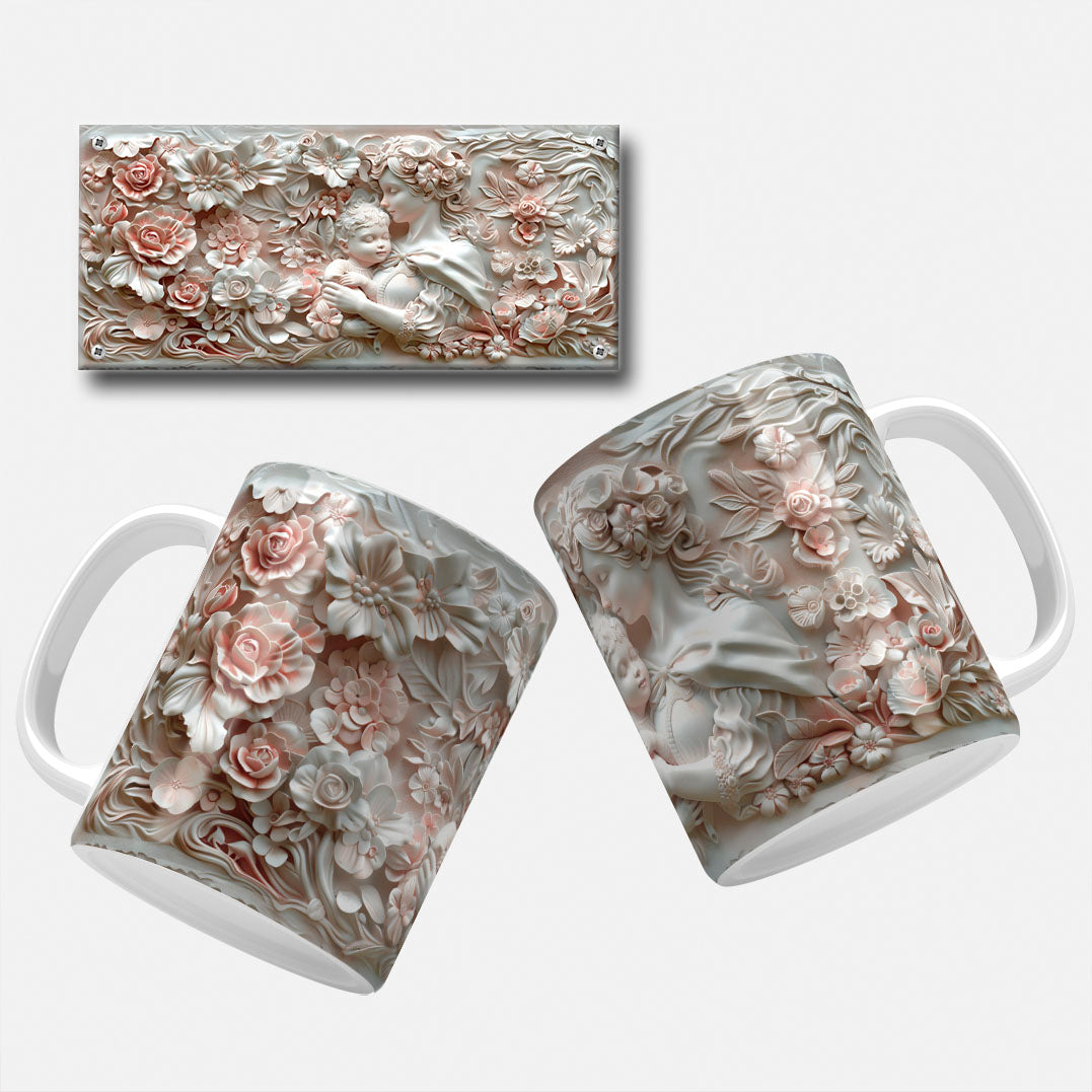 A collection of elegant floral and marble-themed Mother's Day mug wrap designs featuring intricate floral patterns, soft pastel hues, and classic marble carvings, perfect for personalizing mugs for mom or grandma.