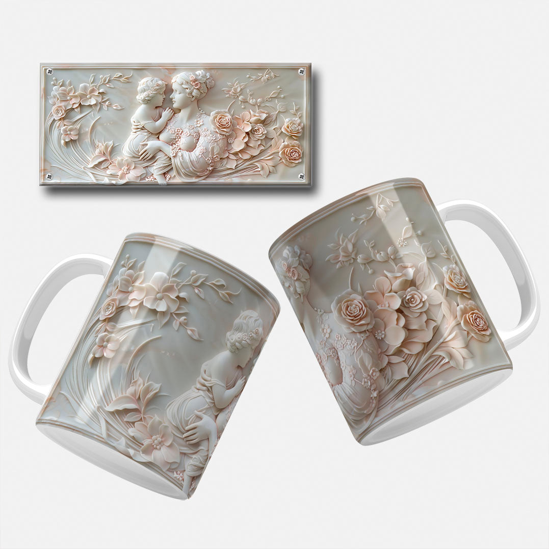 A collection of elegant floral and marble-themed Mother's Day mug wrap designs featuring intricate floral patterns, soft pastel hues, and classic marble carvings, perfect for personalizing mugs for mom or grandma.