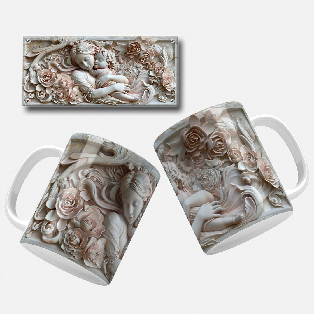A collection of elegant floral and marble-themed Mother's Day mug wrap designs featuring intricate floral patterns, soft pastel hues, and classic marble carvings, perfect for personalizing mugs for mom or grandma.