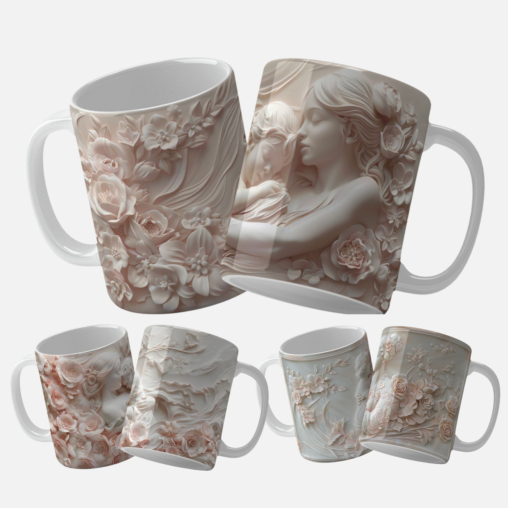 A collection of elegant floral and marble-themed Mother's Day mug wrap designs featuring intricate floral patterns, soft pastel hues, and classic marble carvings, perfect for personalizing mugs for mom or grandma.