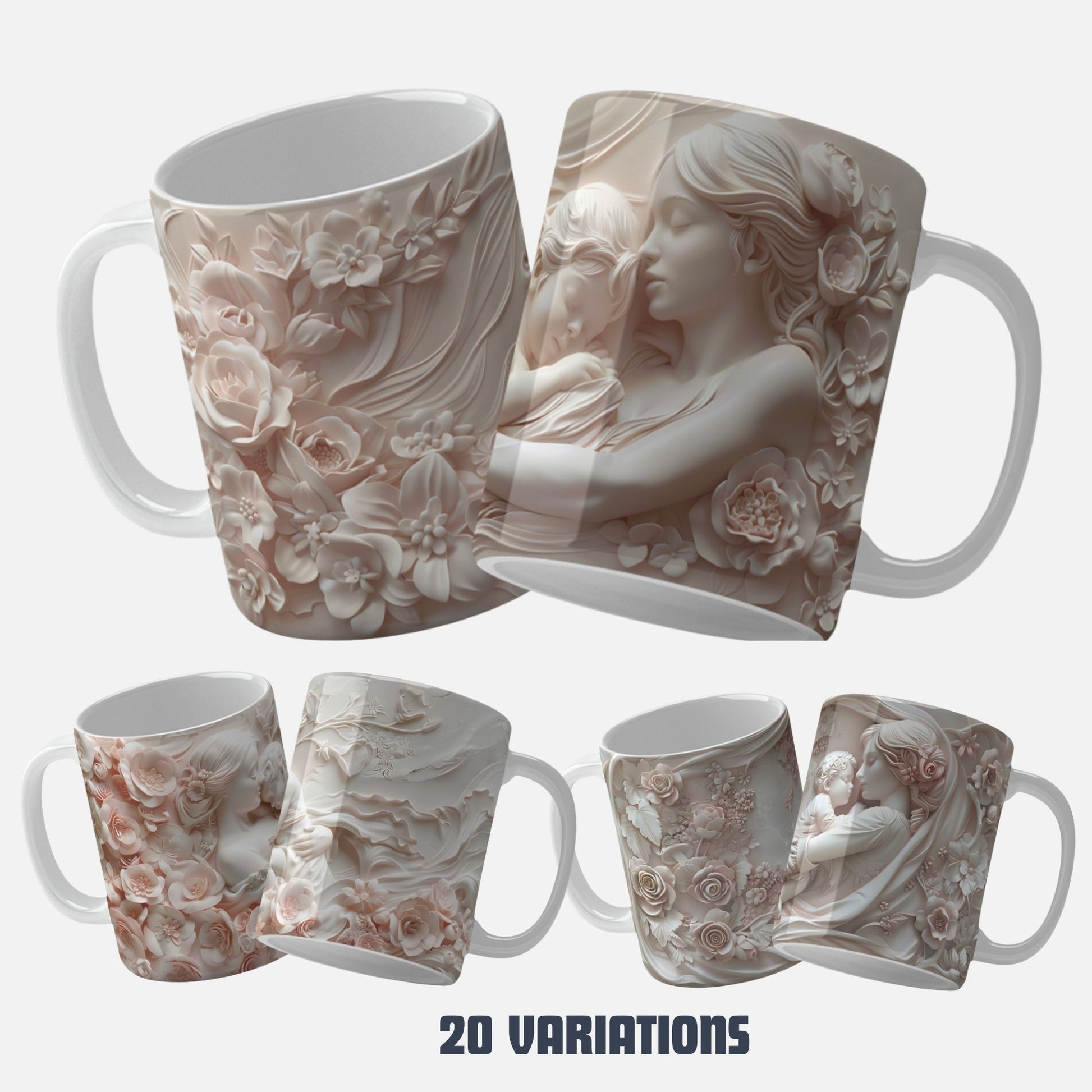 A collection of elegant floral and marble-themed Mother's Day mug wrap designs featuring intricate floral patterns, soft pastel hues, and classic marble carvings, perfect for personalizing mugs for mom or grandma.