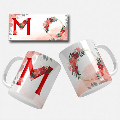 Red Floral Monogram Sublimation Files For Mugs - 26 Alphabet PNG Designs