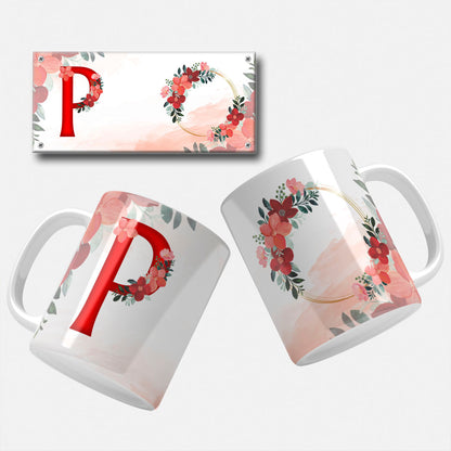Red Floral Monogram Sublimation Files For Mugs - 26 Alphabet PNG Designs