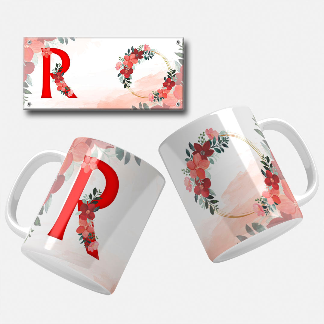 Red Floral Monogram Sublimation Files For Mugs - 26 Alphabet PNG Designs