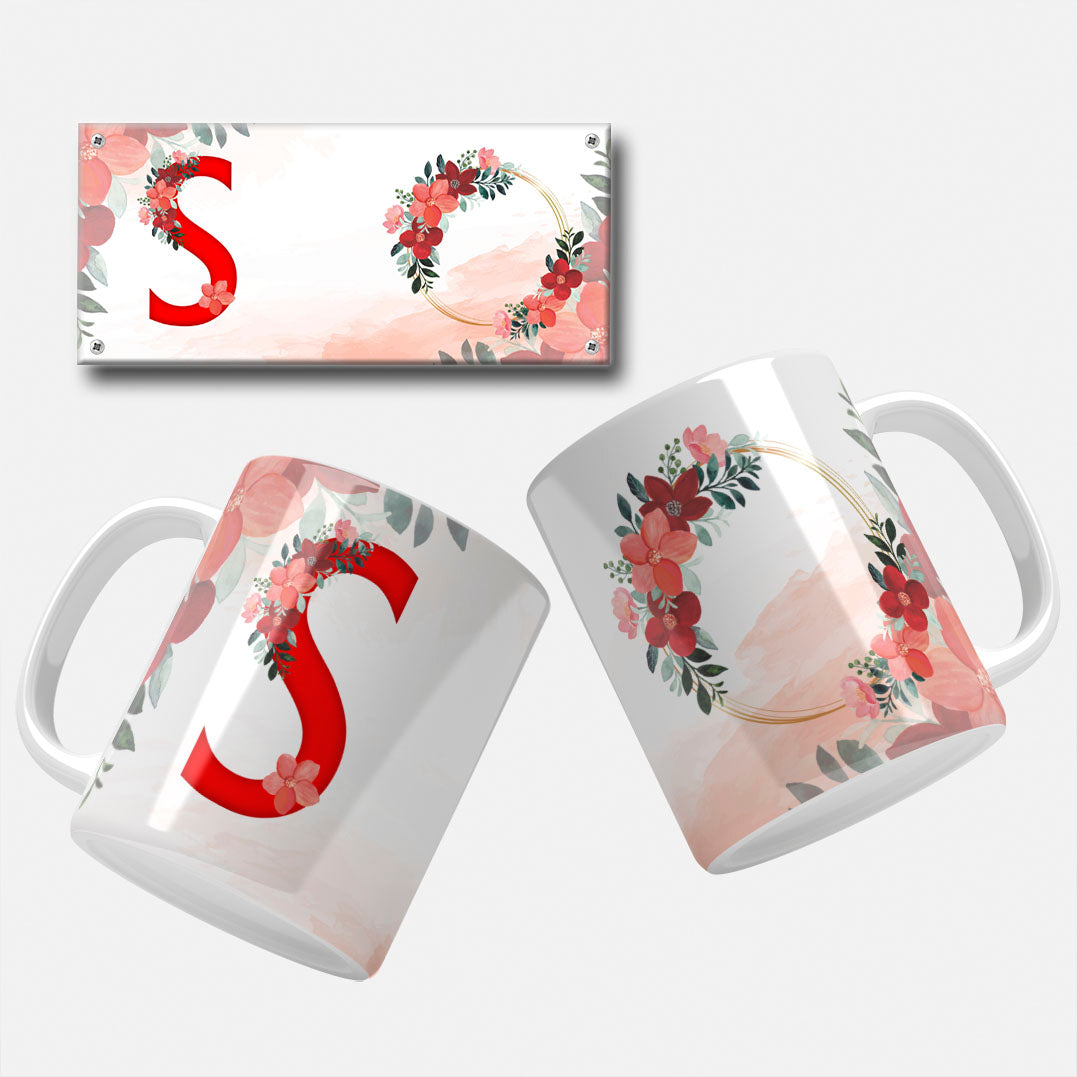 Red Floral Monogram Sublimation Files For Mugs - 26 Alphabet PNG Designs