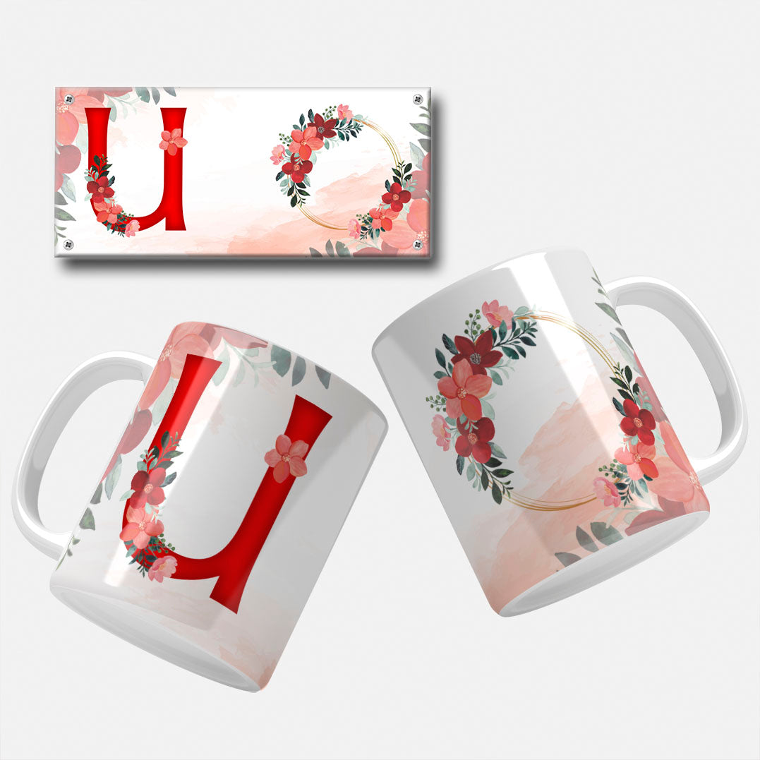 Red Floral Monogram Sublimation Files For Mugs - 26 Alphabet PNG Designs