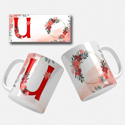Red Floral Monogram Sublimation Files For Mugs - 26 Alphabet PNG Designs