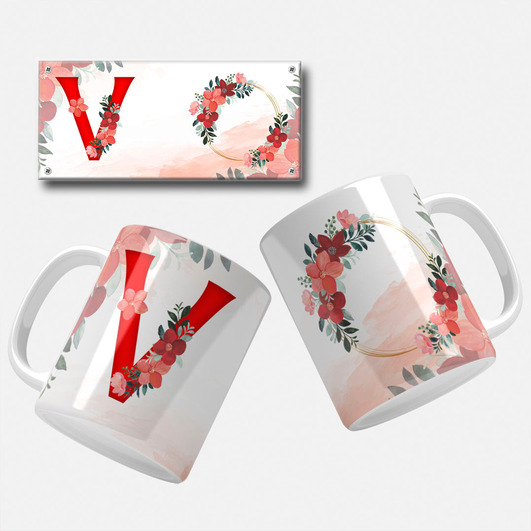 Red Floral Monogram Sublimation Files For Mugs - 26 Alphabet PNG Designs