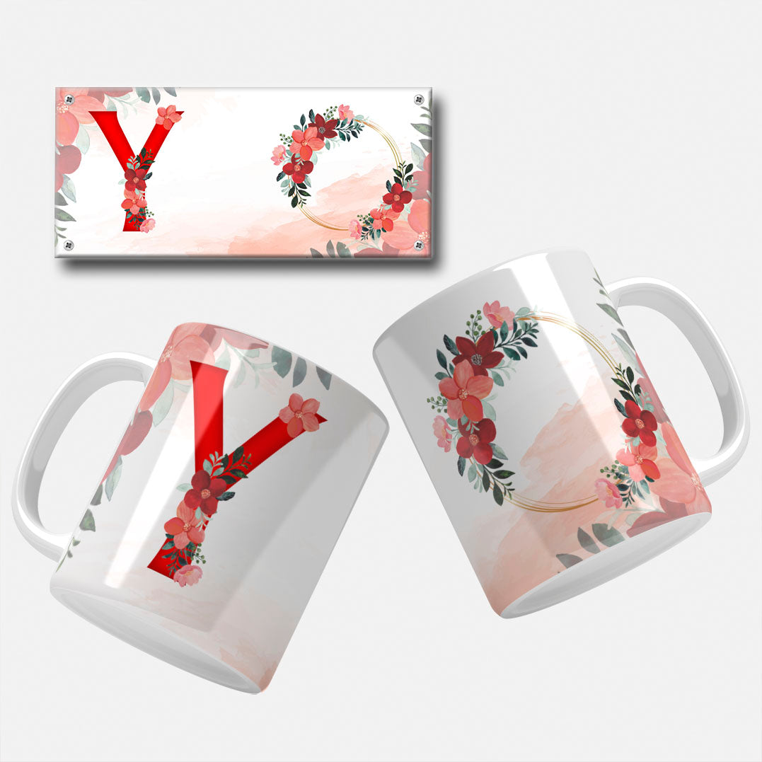 Red Floral Monogram Sublimation Files For Mugs - 26 Alphabet PNG Designs