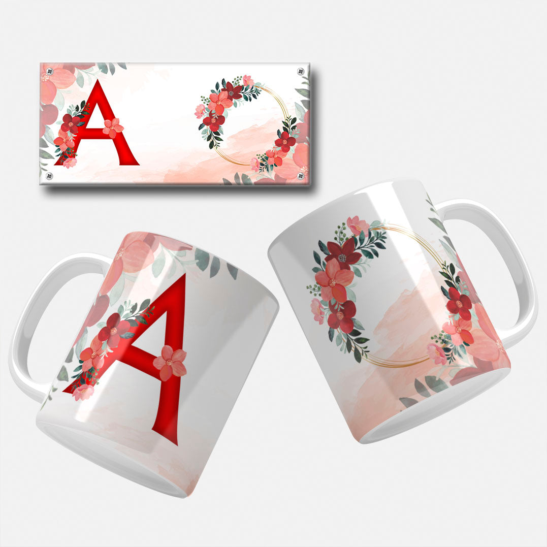 Red Floral Monogram Sublimation Files For Mugs - 26 Alphabet PNG Designs