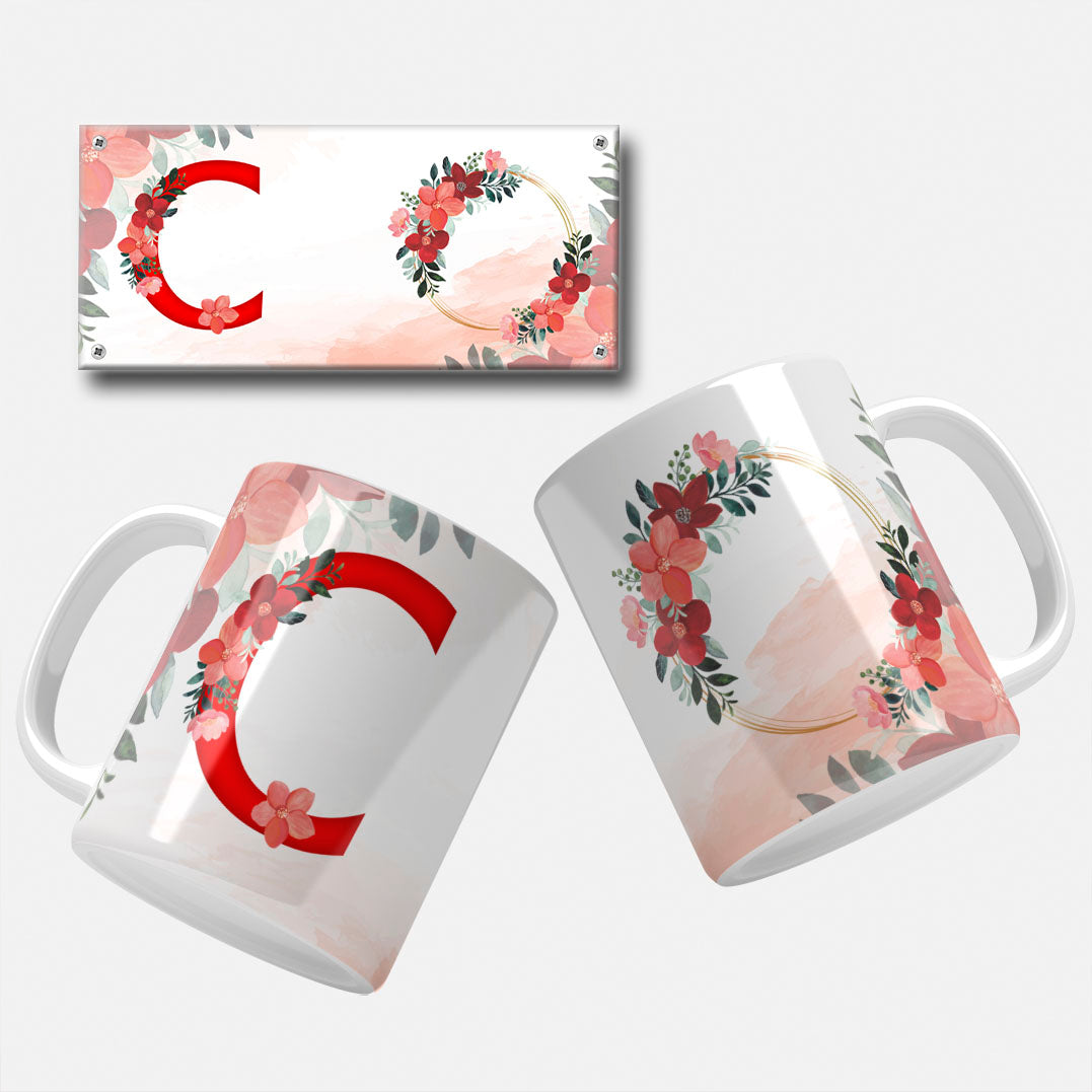 Red Floral Monogram Sublimation Files For Mugs - 26 Alphabet PNG Designs